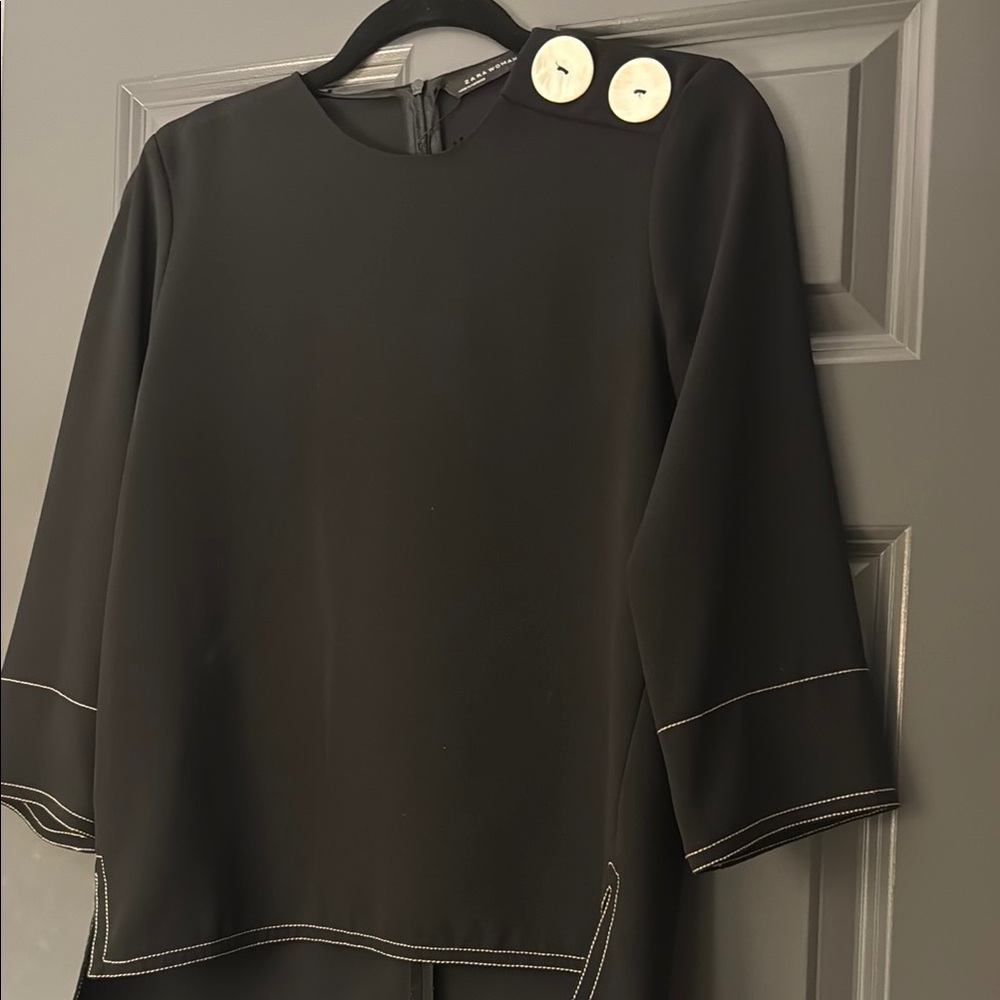 Zara Woman Elegant Black Blouse with Button Detail